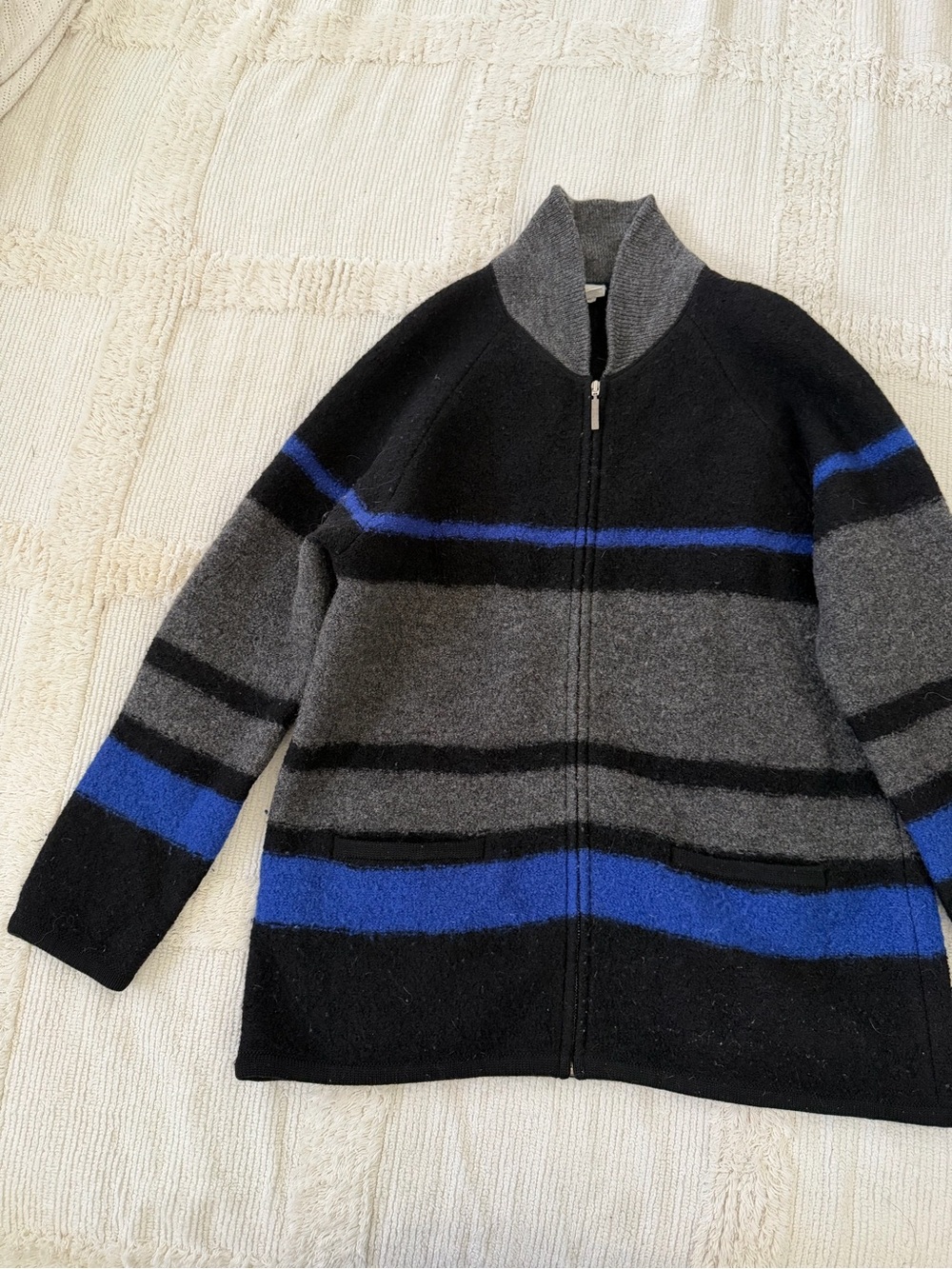 Lands' End women Black, Gray & Blue Striped Zip Sweater